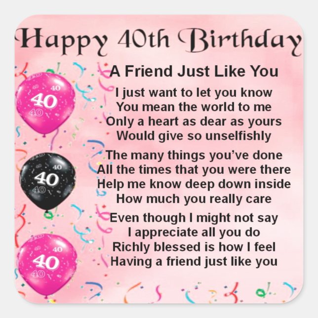 Sticker Carré Poème d'ami - 40e anniversaire (Devant)