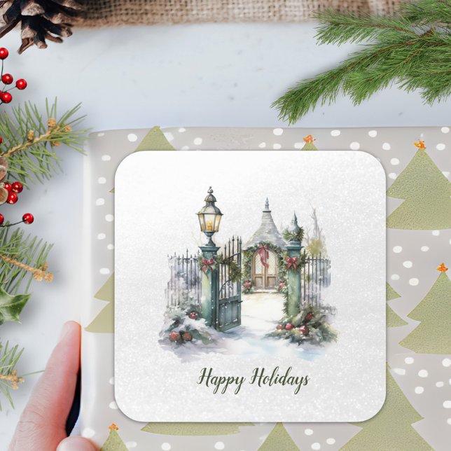 Sticker Carré Poème Nordic Winter Green Neige Rouge Noël Wreath (Créateur téléchargé)