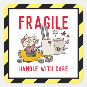 Sticker Carré Poignée Fragile Avec Soin Drôle Fork Lift Cartoon