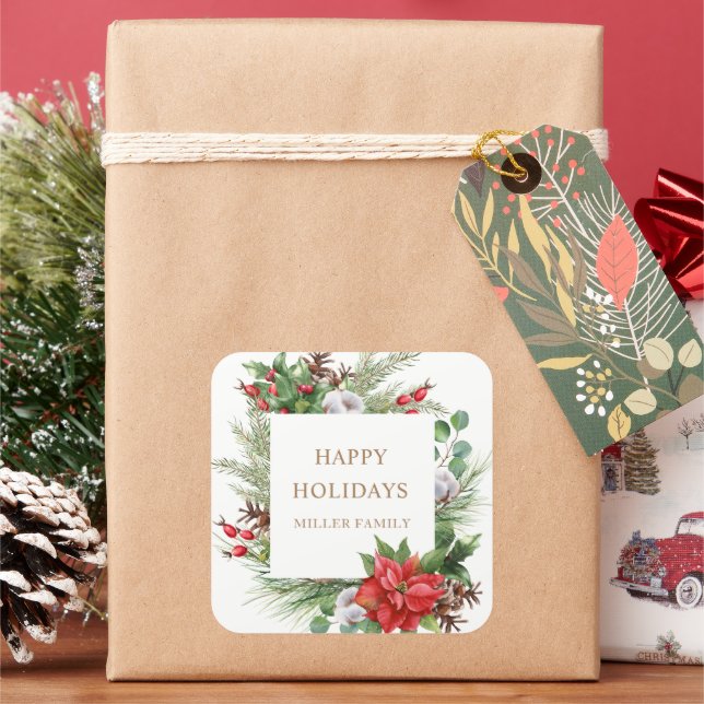 Sticker Carré Poinsettia aux Baies Rouges Monogramme (vacances)