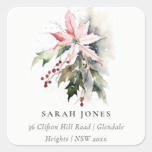 Sticker Carré Poinsettia Berries Foliage Aquarelle Adresse