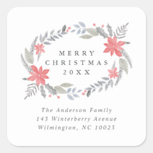Sticker Carré Poinsettia Floral Handdraw Holiday Adresse de reto