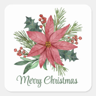 Sticker Carré Poinsettia hiver Rouge Floral Joyeux Noël