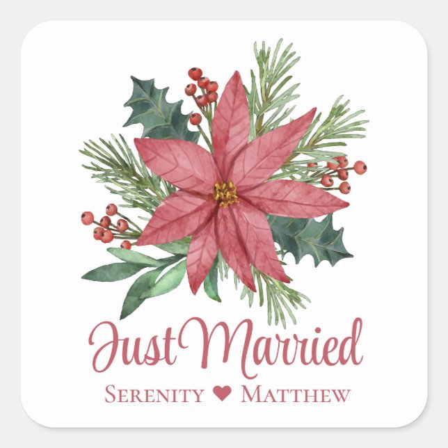 Sticker Carré Poinsettia Rouge Floral Hiver Juste Marié Mariage (Devant)