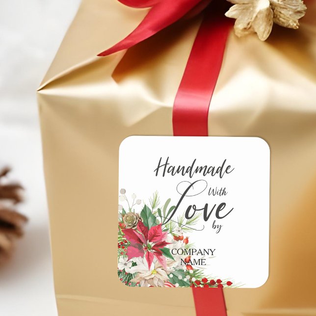Sticker Carré Poinsettias Bouquet Whimsical fait main avec amour (Christmas Poinsettias Bouquet Whimsical Handmade with Love Quote Square Stickers.)