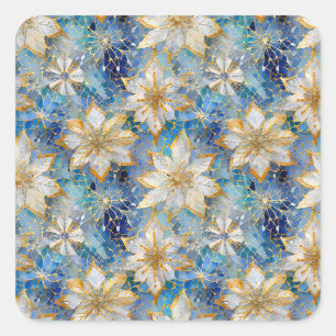 Sticker Carré Poinsettias de Noël Bleu Blanc Or