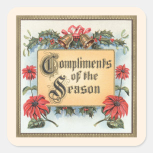Sticker Carré Poinsettias de Noël vintage dans un cadre orné