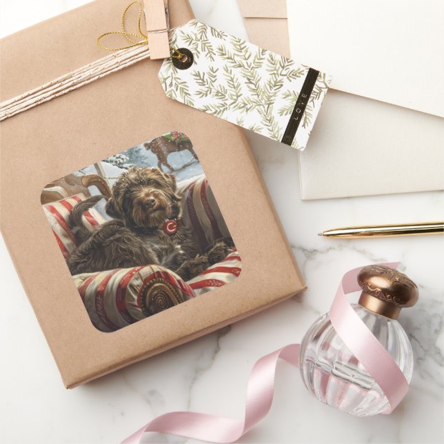 Sticker Carré Pointeur à poils durs Griffon Chien Festif de Noël (Cadeaux)