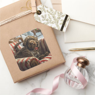 Sticker Carré Pointeur à poils durs Griffon Chien Festif de Noël