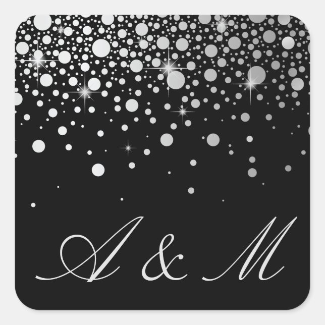 Sticker Carré Points Confetti Faux Silver Foil Noir Monogramme (Devant)