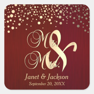 Sticker Carré Points confetti rouge foncé et or