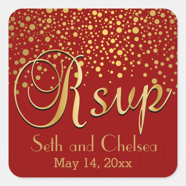 Sticker Carré Points d'or RSVP et rouge | Personnaliser (Devant)