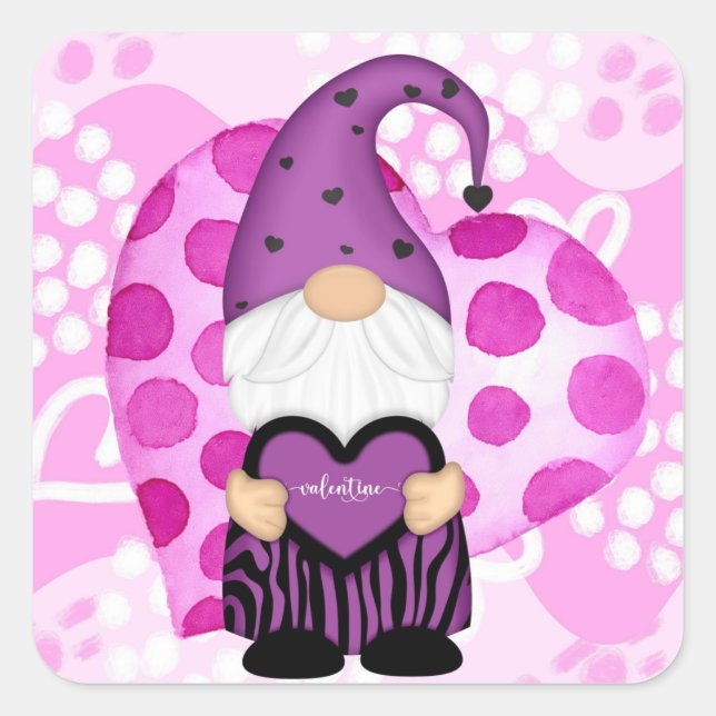 Sticker Carré Pois violet rose Valentine Gnome (Devant)
