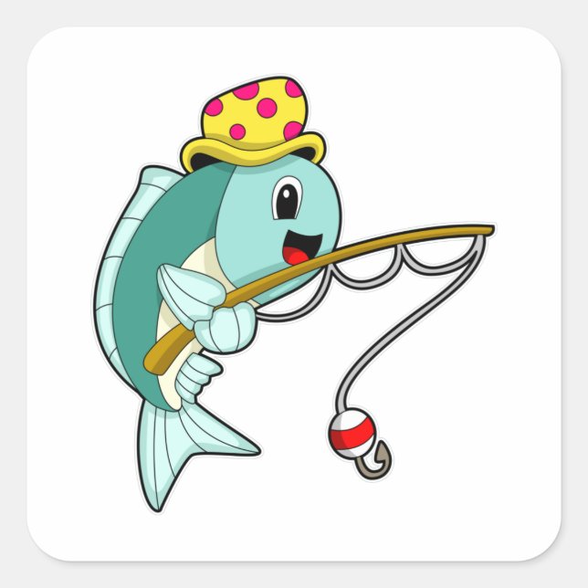 Sticker Carré Poisson à la pêche avec bâton de pêche et Casquett (Devant)
