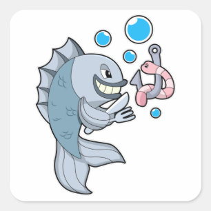 Sticker Carré Poisson avec hameçon et ver de poisson