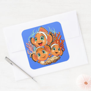 Sticker Carré Poisson clown Dessin animé mignon Famille Sous l'e