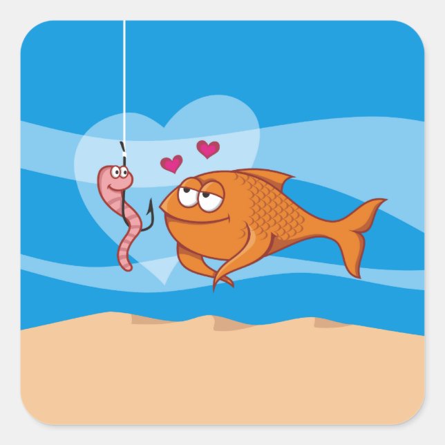 Sticker Carré Poisson et appât en amour (Devant)