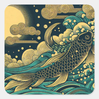 Sticker Carré Poisson Koï Doré Sautant les Vagues en Bois Japona