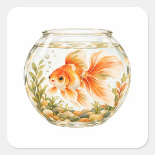 Sticker Carré Poisson rouge à queue fantaisie dans un bol en ver