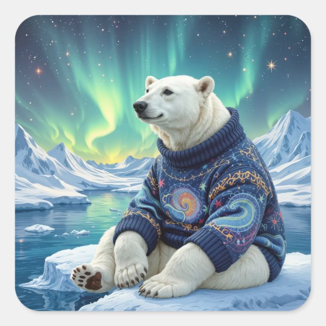Sticker Carré Polar Bear Sitting Under Northern Lights (Devant)