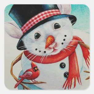 Sticker Carré Pôle Nord Whimsical Snowman Souse aquarelle Art