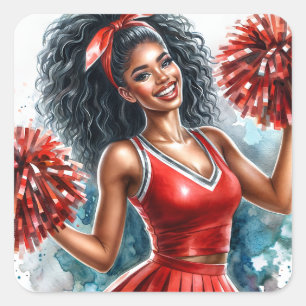 Sticker Carré Pom-pom girl Afro-Américain En Aquarelle Rouge