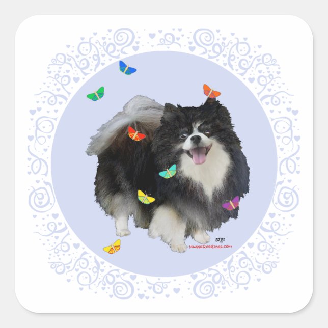 Sticker Carré Pomeranian avec Papillons (Devant)