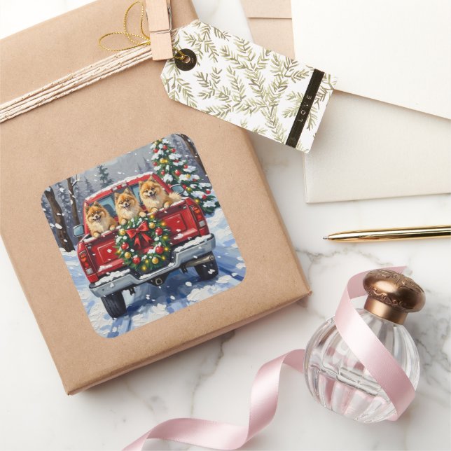 Sticker Carré Pomeranian Christmas Red Truck Holiday Gift (Cadeaux)