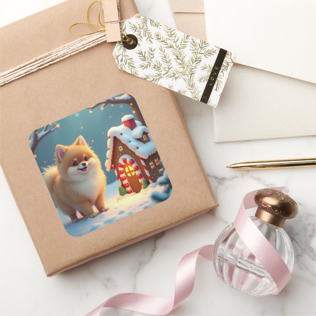 Sticker Carré Pomeranian in Gingerbread Village Christmas (Cadeaux)