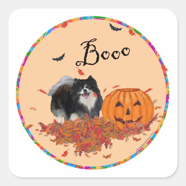 Sticker Carré Pomeranian noir Halloween (Devant)