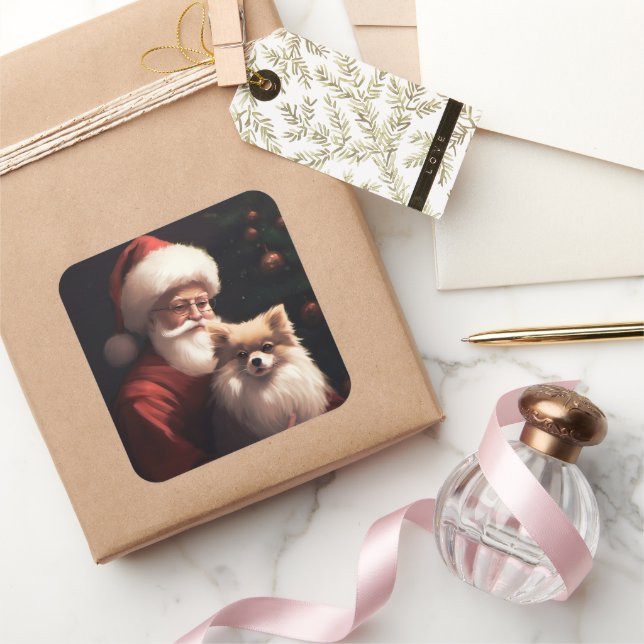 Sticker Carré Poméranien avec Noël Festif du Père Noël (Cadeaux)