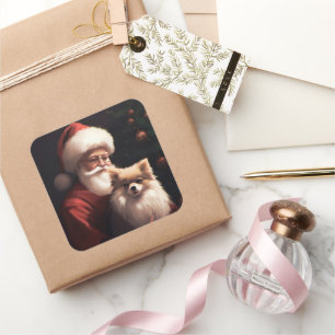 Sticker Carré Poméranien avec Noël Festif du Père Noël