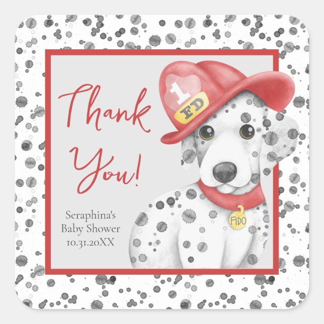 Sticker Carré Pompiers Dalmatiens Spots Baby shower Merci (Devant)