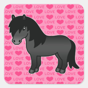 Sticker Carré Poney Shetland de dessin animé noir Cœurs d'amour