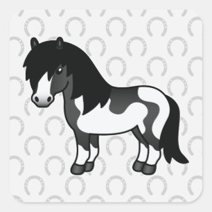 Sticker Carré Poney Shetland de dessin animé Pinto noir