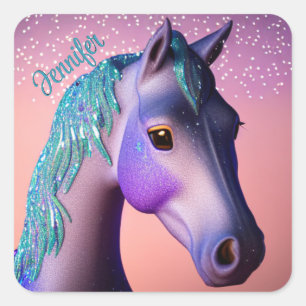 Sticker Carré Pony magique en violet et Turquoise avec nom perso