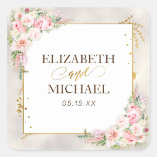 Sticker Carré Pony rose Floral Gold Script & Mariage de cadre