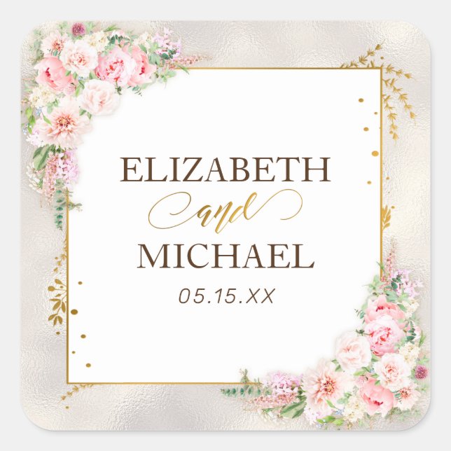 Sticker Carré Pony rose Floral Gold Script & Mariage de cadre (Devant)