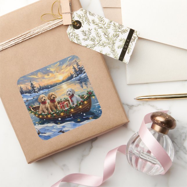 Sticker Carré Poodle Christmas Boat Holiday (Cadeaux)