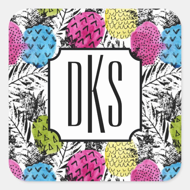 Sticker Carré Pop Art Ananas Et Palm Feuilles | Monogramme (Devant)