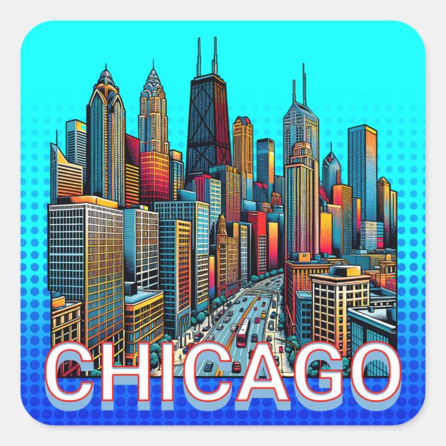 Sticker Carré Pop art Comic Book Art Chicago Illinois Skyline (Devant)