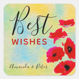 Sticker Carré Poppies Red Watercolor Meilleurs voeux