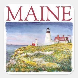 Sticker Carré Portland Head Lighthouse Maine Aquarelle Peinture