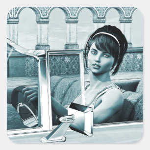 Sticker Carré Portrait d'art de femme glamour bleu vintage