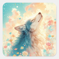 Portrait de loup au pastel dans une prairie de fle