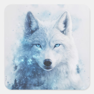 Sticker Carré Portrait de Loup Blanc aux Yeux Bleus Percants