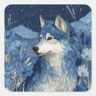 Sticker Carré Portrait de Loup Bleu sous un ciel étoilé de nuit