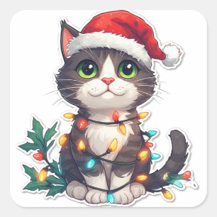 Sticker Carré Portrait de Noël de chaton mignon avec chapeau de 