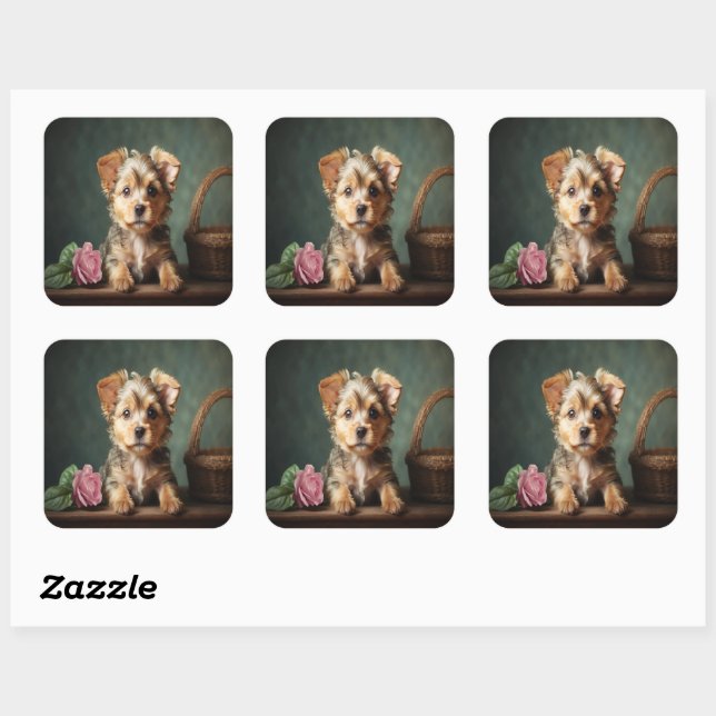 Sticker Carré Portrait de rose de terrier de Yorkshire de chiot  (Feuille)