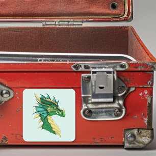 Sticker Carré Portrait de tête de dragon vert émeraude Fantastiq